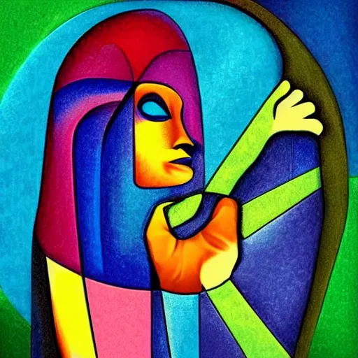 Prompt: colorful woman inside her fingerprint , surrealistic abstract art in the style of cubism