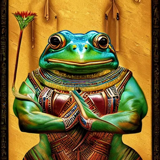 Prompt: ancient egyptian god of frogs, armored frog, holy religious portrait, artstation, oil painting