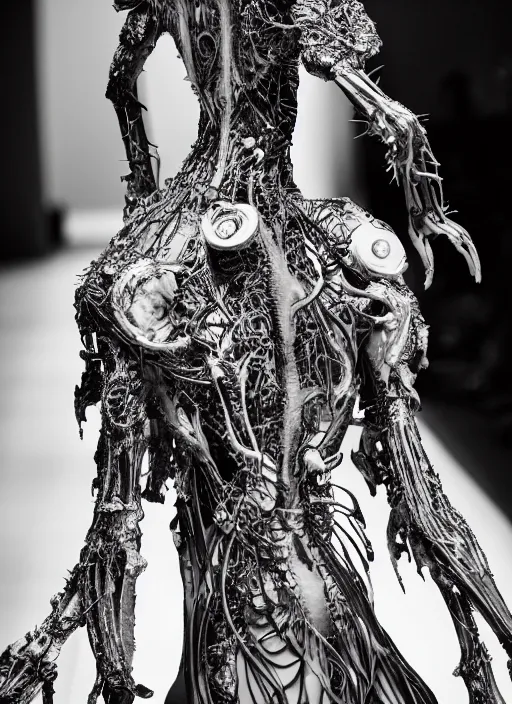 Image similar to walking down the catwalk, ben watts, show, stage, vogue photo, podium, fashion show photo, historical baroque dress dark, iris van herpen, beautiful woman, masterpiece, intricate, biopunk, vogue, full body shot, alien, plant predator, guyver, jellyfish, white biomechanical details, highly detailed