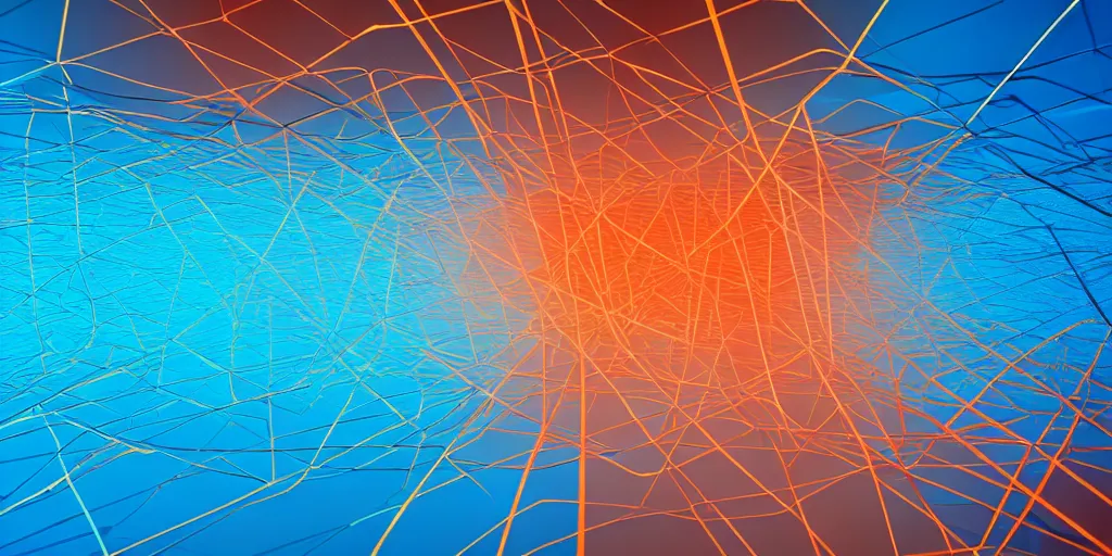 Prompt: Liquid Network connected to a cloud server, network pattern at the background. Minimalistic design, contemporary design, abstract design. Parallax. Blue, cyan and orange palette. Vivid, 8K, Epic, Masterpiece