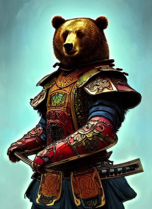 Image similar to portrait of anthropomorphic bear in samurai armor, colorful, highly detailed, digital painting, artstation, concept art, smooth, sharp focus, illustration, art by artgerm and greg rutkowski and alphonse mucha