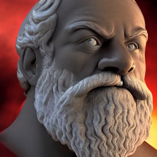 Prompt: a detailed 4 k high definition photograph of a face of hephaestus, with white beard and red eyes