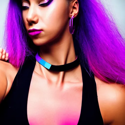 Image similar to a award winning action upper body portrait of a beautiful woman with a ombre purple pink hairstyle with head in motion and hair flying, choker, hoop earrings, outrun, vaporware, highly detailed, fine detail, intricate