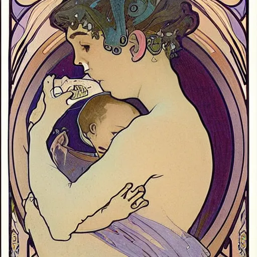 Image similar to A delicate painting of a grey alien stealing a baby, by Alphonse Mucha, art nouveau, detailed, elegant