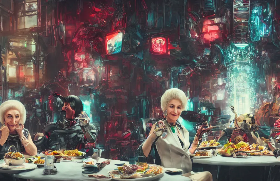 Image similar to portrait of mirtha legrand sitting at the table having lunch with cyborgs. centered. digital art. hyperrealistic, hyperdetailed. cyber punk 4 k octane render