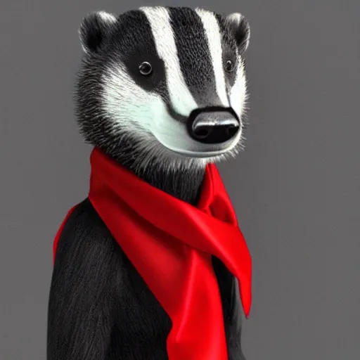 Image similar to a humanoid friendly badger walking on white background towards the camera, he‘s wearing a red neckerchief, clean digital render