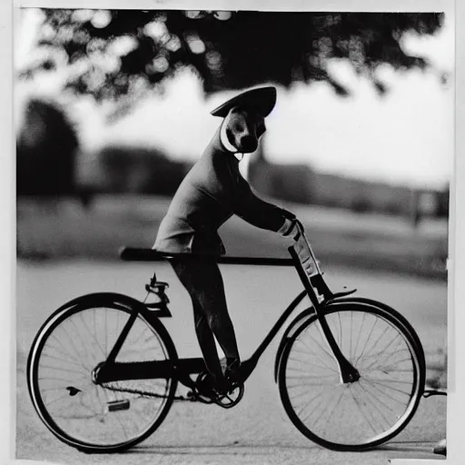 Image similar to a grainy, vintage black and white photograph of a rabbit riding a bicycle