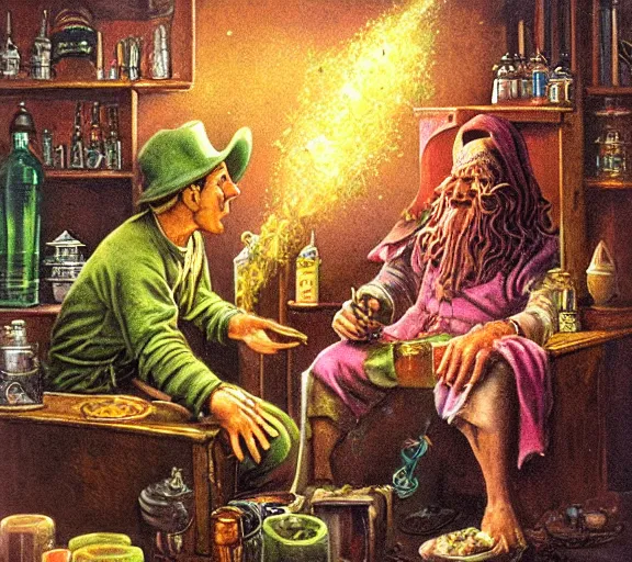 Prompt: A richly detailed fantasy digital art of an ancient vintage apothecary magic arcane nebula healing elixir potion bottle trading card an esoteric blender render by Bob Eggleton, two jolly wizards enthusiastically drinking and imbibing magic potions