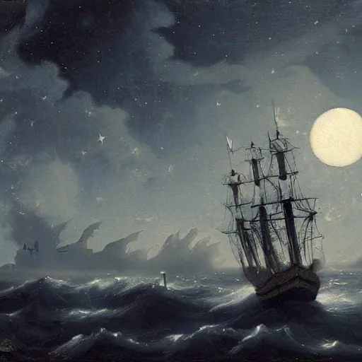 Image similar to moonlit ocean, stars in sky, pirate ship flying in the sky by peter balke