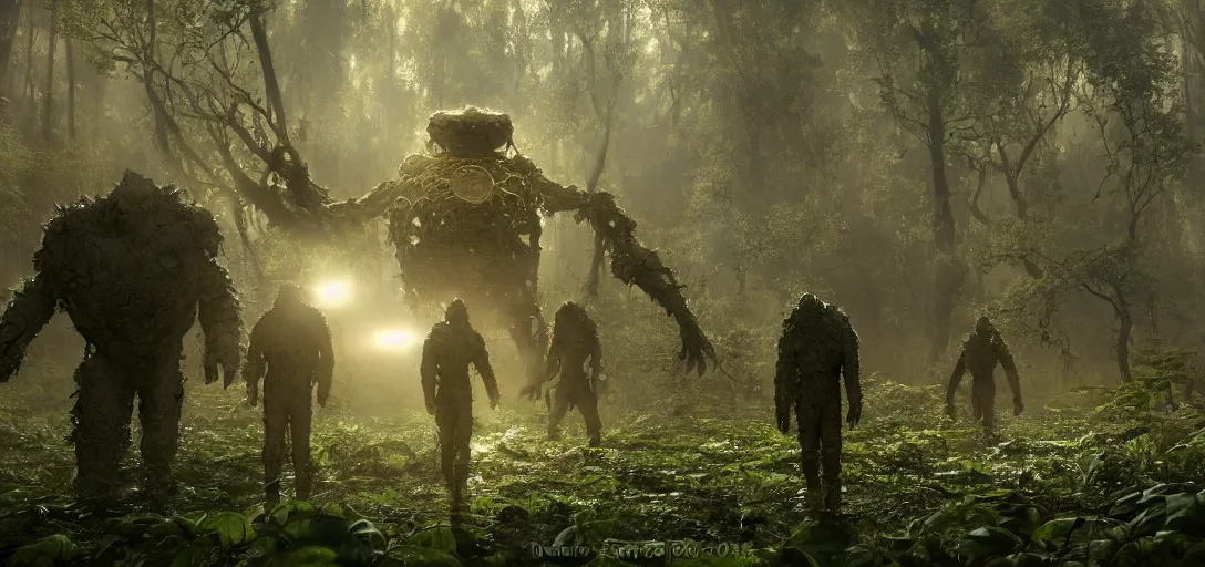 Image similar to astronauts stumbling upon a complex organic fractal 3 d metallic symbiotic ceramic humanoid megastructure creature in a swampy lush forest, foggy, sun rays, cinematic shot, photo still from movie by denis villeneuve, wayne barlowe
