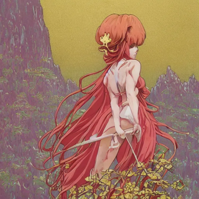 Prompt: the lone princess in the strawberry cream mountains. gouache and gold leaf by the award - winning mangaka