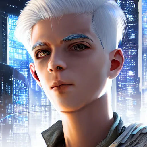 Image similar to boy with white hair in a cyberpunk world, and mechanical buildings, artstation, digital art, highly detailed, intricate, unreal engine, fine detail, smooth, sharp focus, detailed face