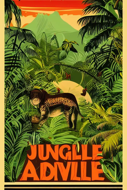 Image similar to vintage poster, jungle travel adventure, illustration, vector art, retro