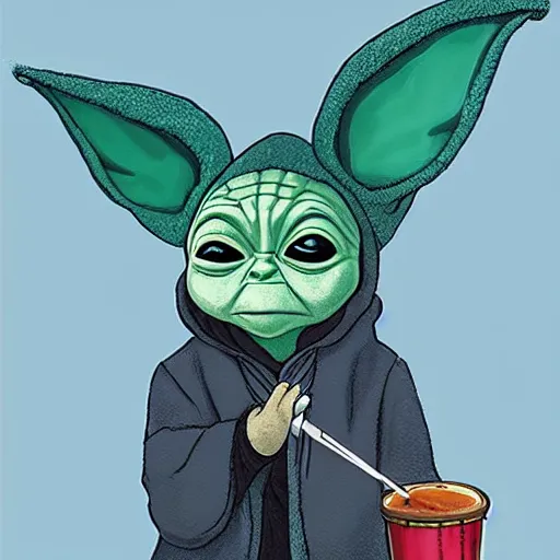 Image similar to digital illustion of baby yoda in a grateful dead hooded sweatshirt, smoking a hookah, deviantArt, artstation, artstation hq, hd, 4k resolution