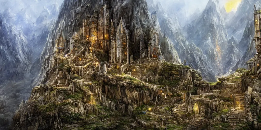 Image similar to an elven city built into the side of a mountain, pristine, by alan lee, lord of the rings, smooth, detailed terrain, oil painting, matte painting, concept art, trending on artstation