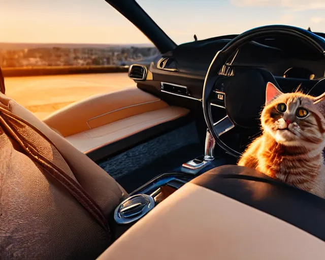 Prompt: top view of cabriolet, cat sitting in driver seat with paws on steering wheel, golden hour