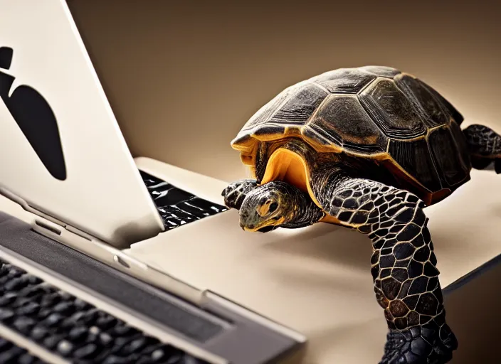 Image similar to photo still of a tortoise working on a laptop, 8 k, studio lighting bright ambient lighting key light, 8 5 mm f 1. 8