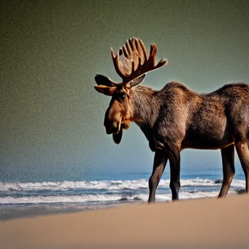 Image similar to photo of a moose at the beach in Tel Aviv, 50mm, beautiful photo