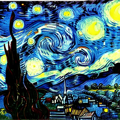 Prompt: interstellar, a black hole in space by vincent van gogh