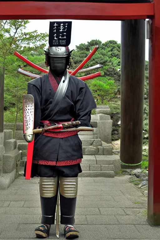 Image similar to a godlike and indomitable helmeted samurai wielding their Odachi before a large Torii gate, the rising sun in the background. Photo realistic. Award winning