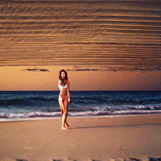 Prompt: a film photo of woman at a beach, Kodak gold 200 film