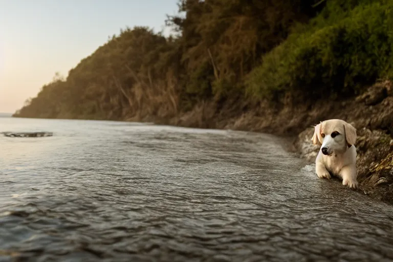 Image similar to a puppy is looking directly at the wavy water current below it while it stands at an edge of a cliff