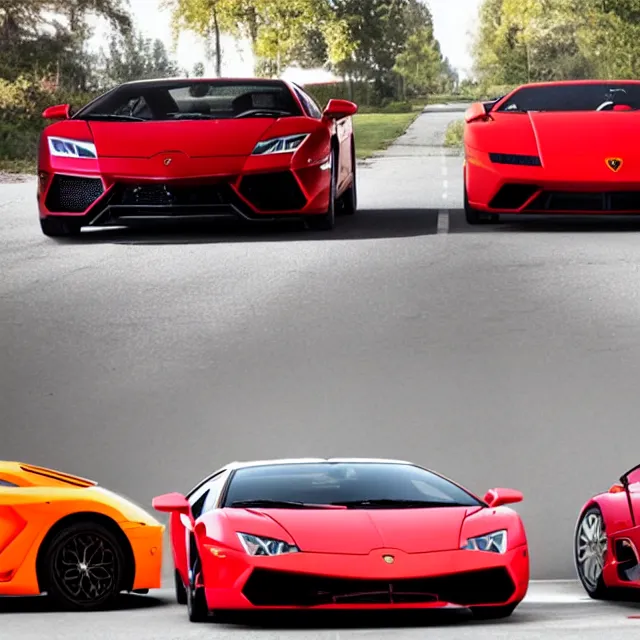 Image similar to a red lamborghini and an orange bugatti veyron facing eachother