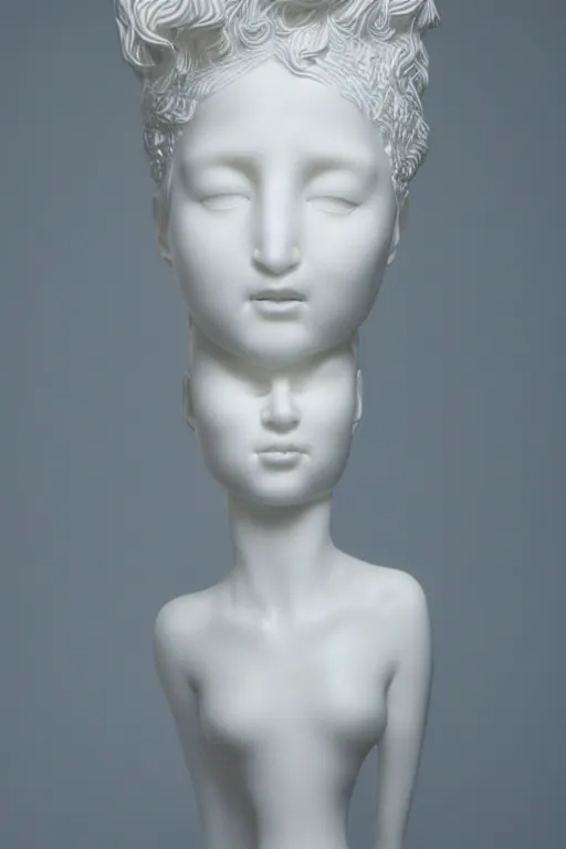 Image similar to full head and shoulders, beautiful female porcelain sculpture by daniel arsham and raoul marks, smooth, all white features on a white background, delicate facial features, white eyes, white lashes, detailed white, lots of real blue hair in a winding hairstyle on the head