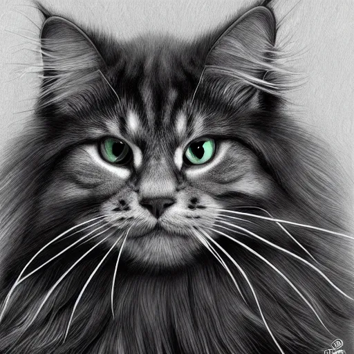 Image similar to long - haired siberian cat, illustration, charcoal, trending, artstation, hyper - detailed, coulson, peter