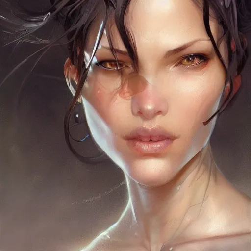 Image similar to beautiful, strong, mixed race, female, aged 4 0, face, head shot, fantasy, highly detailed, digital painting, artstation, concept art, smooth, sharp focus, illustration, art by artgerm and greg rutkowski and alphonse mucha