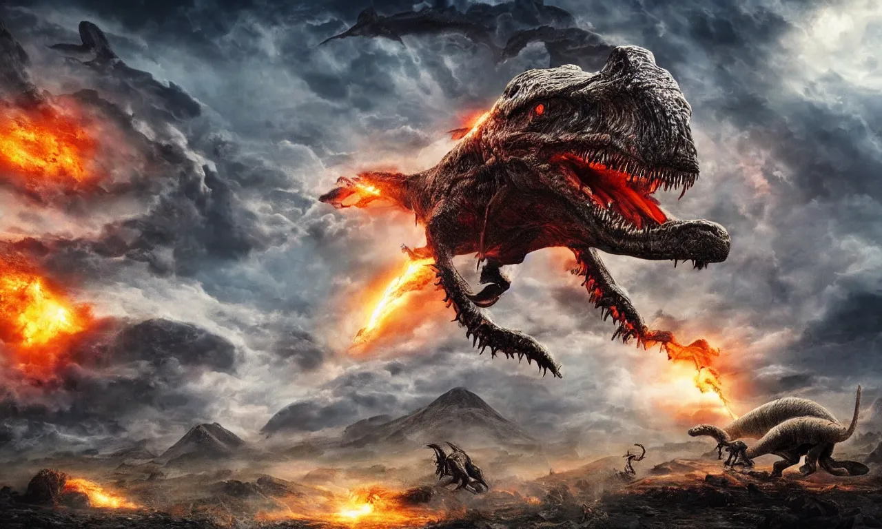 Image similar to prehistoric alien yajuta predator battling a tyrannosaurus, dinosaur slayer, volcanic landscape, dynamic storm clouds vortex, meteor asteroids crashing, epic cinematic matte painting,