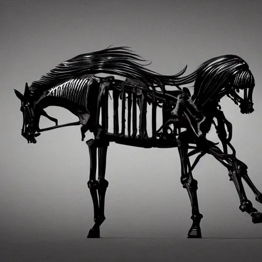 Image similar to a dark skeleton horse, fully skeletal horse, death