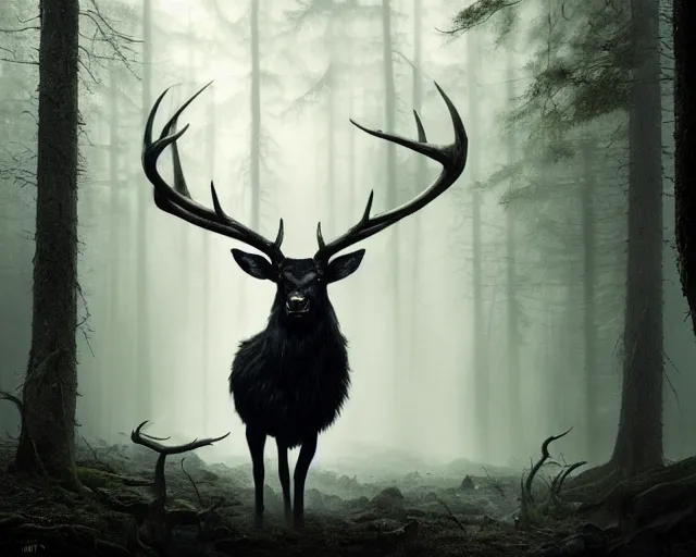 Prompt: 5 5 mm portrait photo of a black stag with antlers and black feathers in a magical forest. scary. magical atmosphere. art by greg rutkowski and luis royo. highly detailed 8 k. intricate. lifelike. soft light. nikon d 8 5 0.