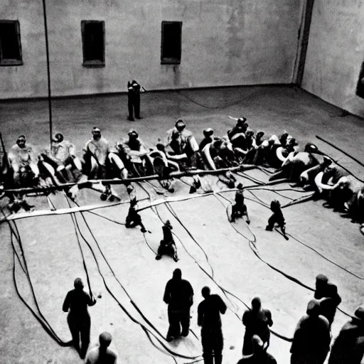 Prompt: prisoners hooked up to guillotines arranged as a spectator sport event, realistic photography, high detailed