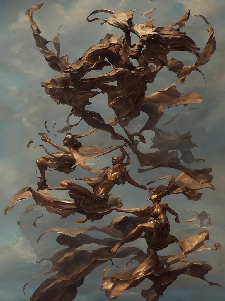 Prompt: a bronze statue of a dynamic flying character by peter mohrbacher