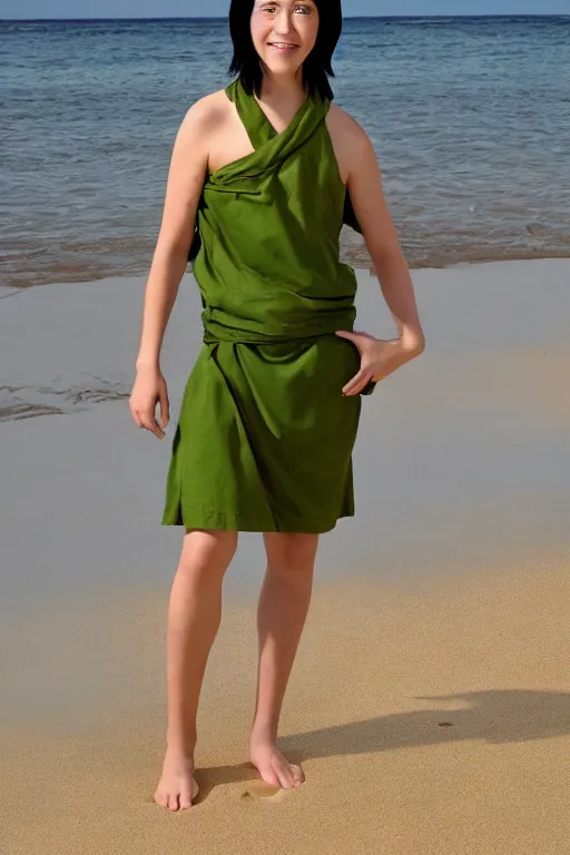 Image similar to a full - length photo of real life toph from avatar sitting on a beach