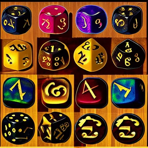 Image similar to fantasy magical dice, dice of fate