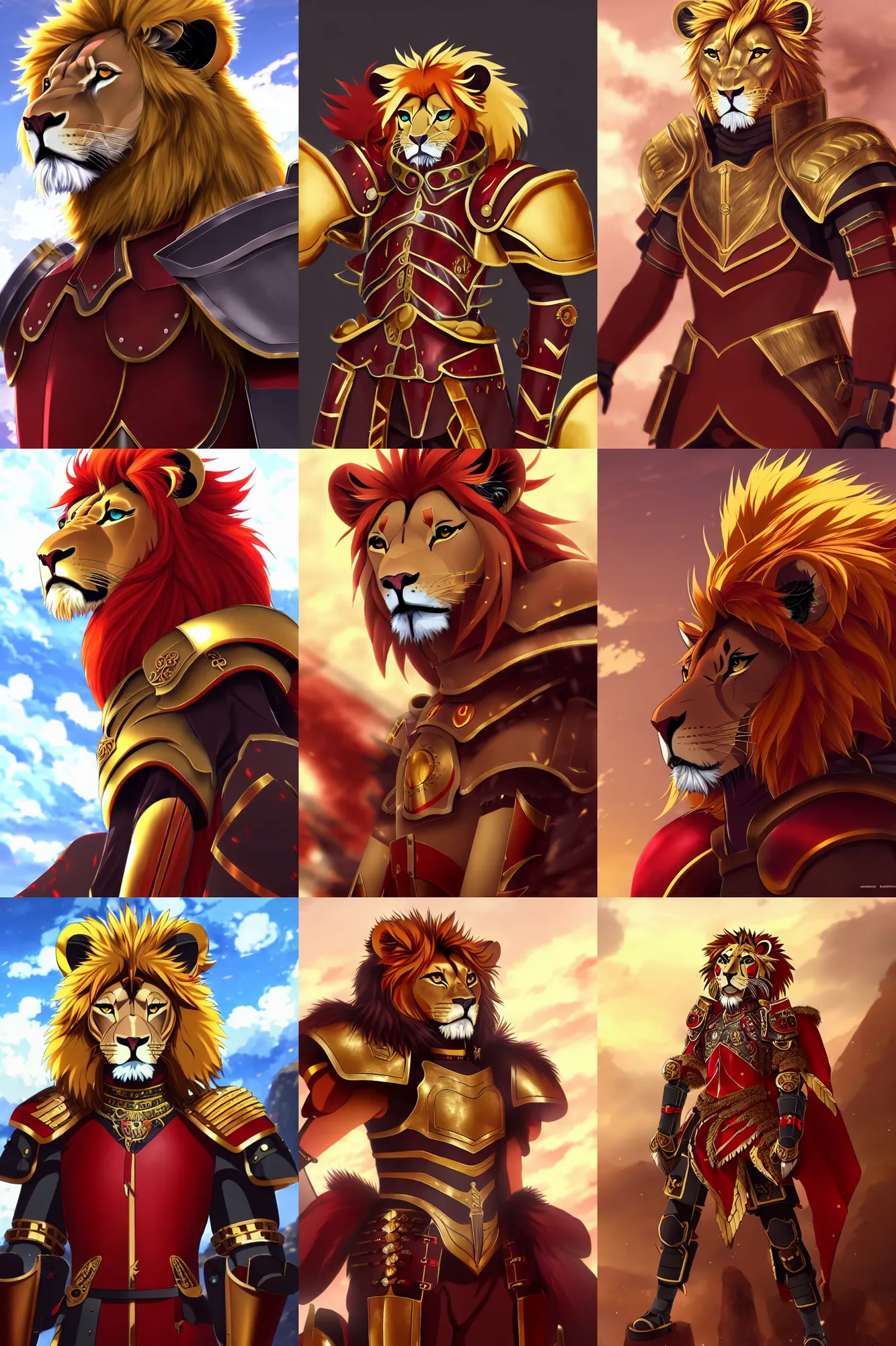 Prompt: lion army general with red and gold roman armor, fursona, anthro, anime key visual, detailed armor, detailed fur, makoto shinkai, portrait