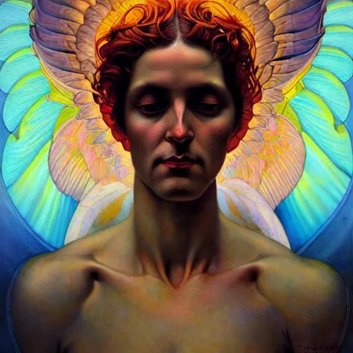 Prompt: psychedelic angelic celestial being artwork of esao andrews frank xavier leyendecker, energy body, sacred geometry, esoteric art, divinity detailed, saturated colors,