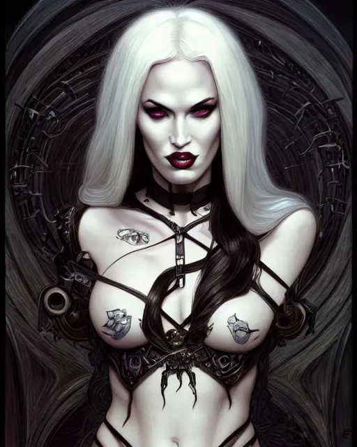 Image similar to portrait of megan fox as lady death, albino, lady death, chaos comics, coffin comics, hell, intricate, headshot, highly detailed, digital painting, artstation, concept art, sharp focus, cinematic lighting, illustration, art by artgerm and greg rutkowski, alphonse mucha, cgsociety