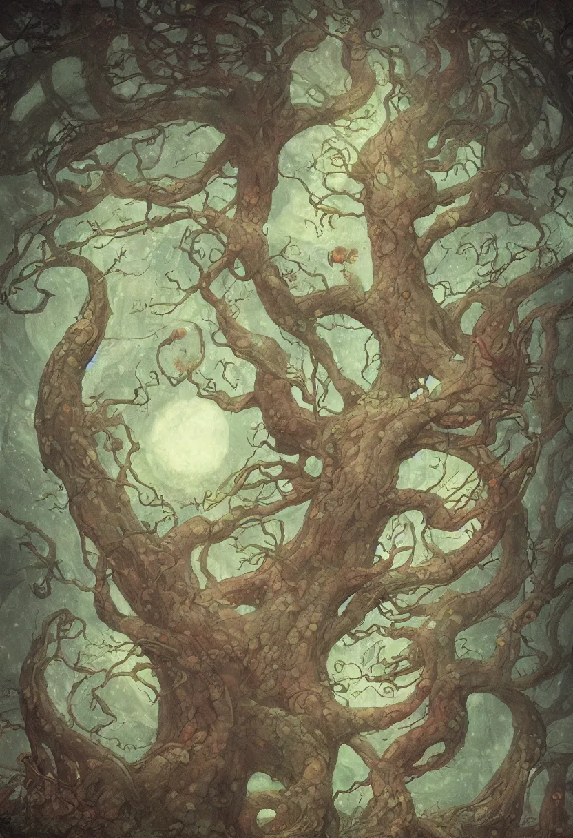 Image similar to Yggdrasil the tree of life by Shaun Tan and Hiroshi Yoshida, trending on artstation