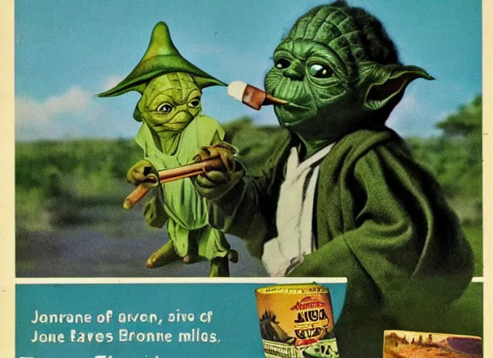 Image similar to vintage travel advertisement for jamaica, of yoda made out of green cannabis sativa, smoking a bong