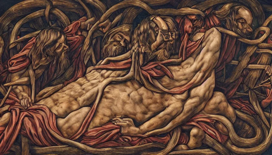 Image similar to mural of blindfolded!!!! jesus christ surrounding by entwined bodies, holding a cornucopia, rivers of blood, by mu pan