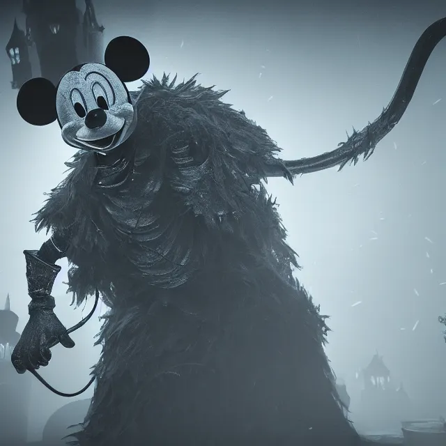 Image similar to mickey mouse reimagined as a monster boss in dark souls, dark cinematic, volumetric, realistic, cinematic lighting, ray tracing, unreal engine 5, unreal engine render, octane render, hyper realistic, photo, 8 k