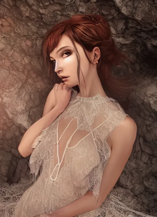 Prompt: beautiful woman in a lace dress in a cave, detailed dress and face, digital art, manga style, by artgerm, by wlop, octane render, beautiful lighting