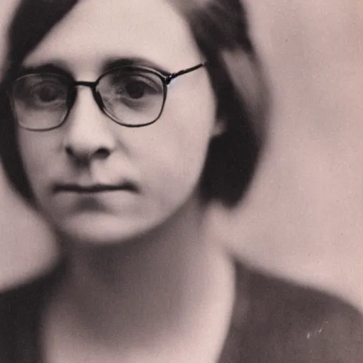 Image similar to beautifull frontal portrait of a 4 eyed woman, monochrome photograph taken in 1910, grainy, film grain