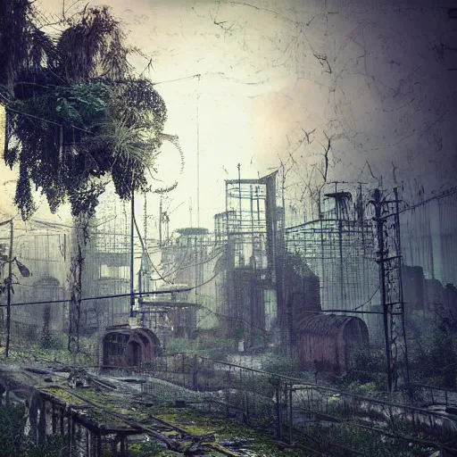 Image similar to hyper-industrial steam punk abandoned city photo overgrown taken at dusk, realistic painting, sad themed