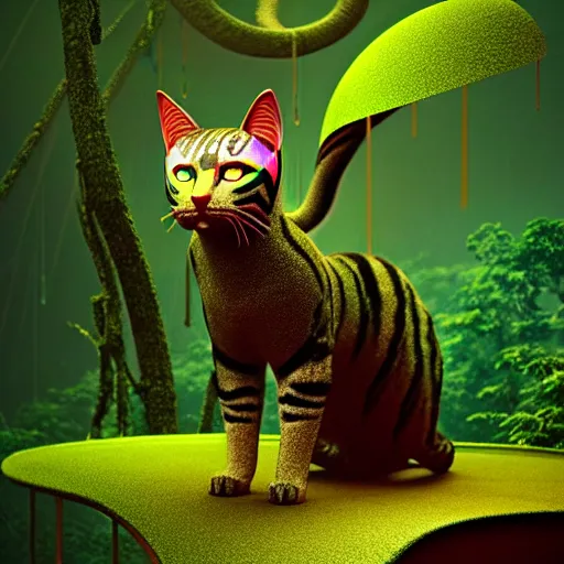 Prompt: android character :: giant iridescent mix between a feline and bug in lush jungle, raining, foggy, moody, :: Dan McPharlin Daniel Merrian :: ornate, dynamic, particulate, rich colors, intricate, elegant, highly detailed, centered, artstation, smooth, sharp focus, octane render, 3d