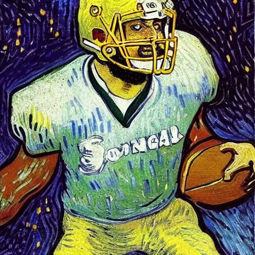 Image similar to A van Gogh style painting of an American football player