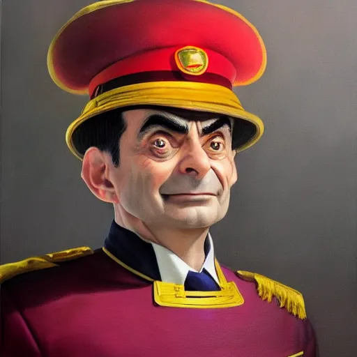 Prompt: ultra realistic portrait painting of mr bean as m. bison from street fighter, art by frank frazetta, 4 k, ultra realistic, highly detailed, epic lighting